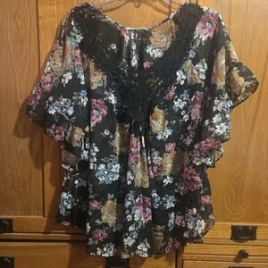 Pleione Sheer Floral Black Short Flutter Sleeve Lace Neck Women's Top Size Large